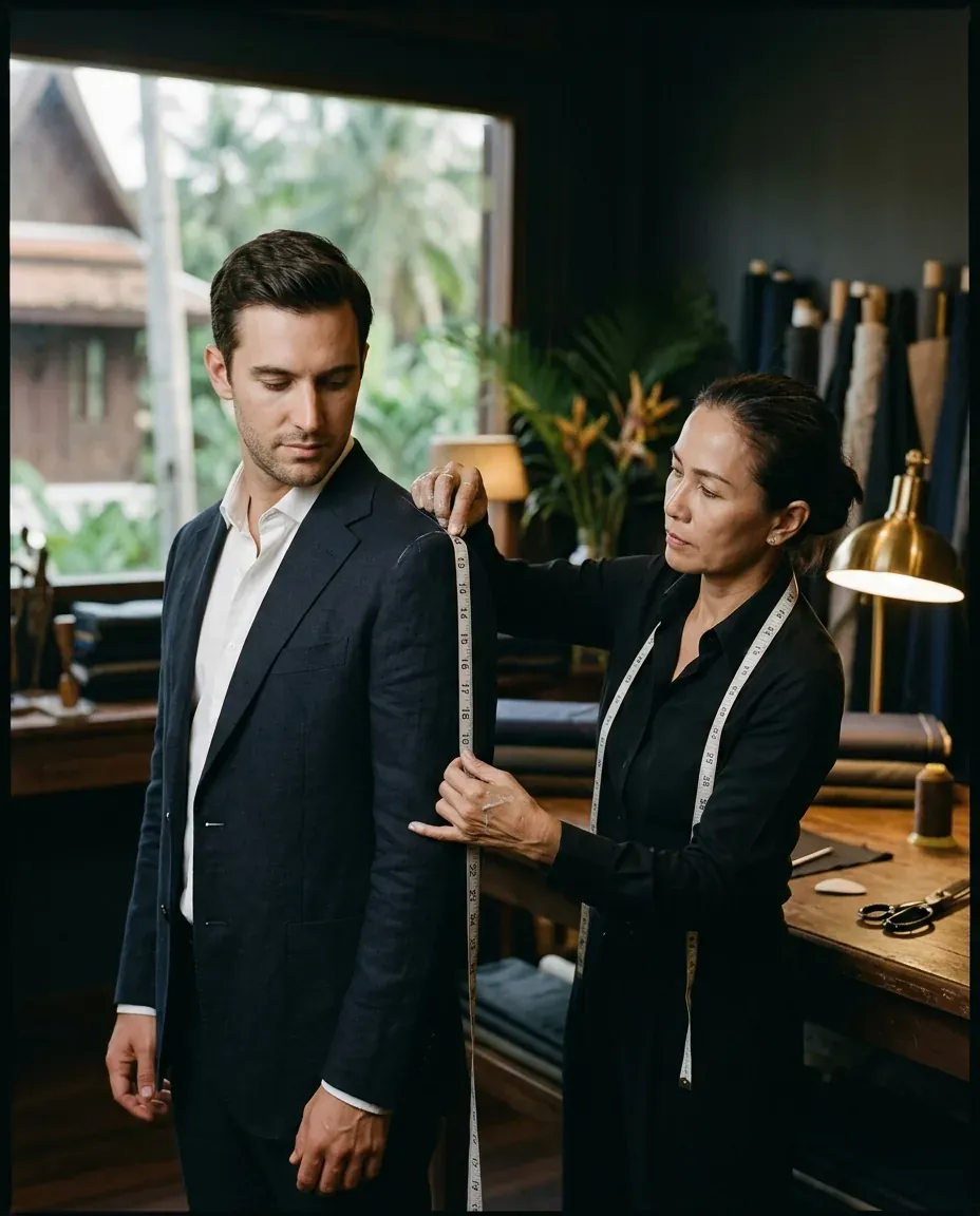 A tailor with a tape measure round her neck measuring the sleeve of a man in a navy jacket